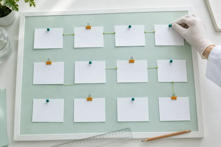 Tableau de fiches protocole épinglées et reliées par des fils pour une expérience SEO