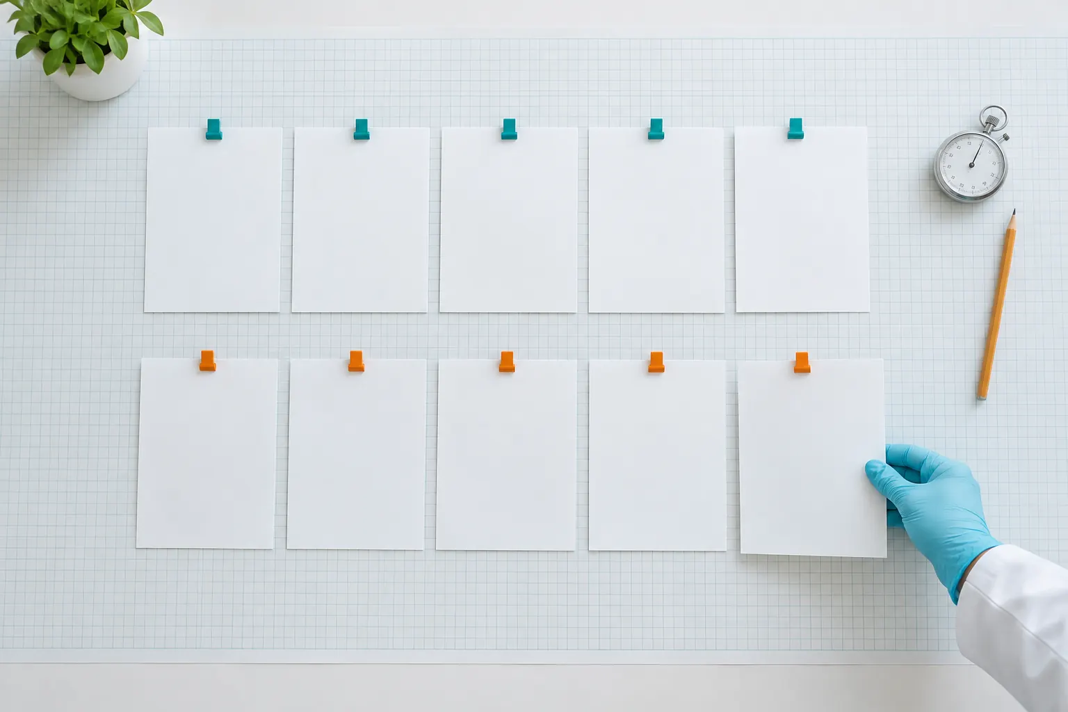 Comment faire un test A/B en SEO : deux rangées de feuilles identiques, un groupe test et un groupe témoin