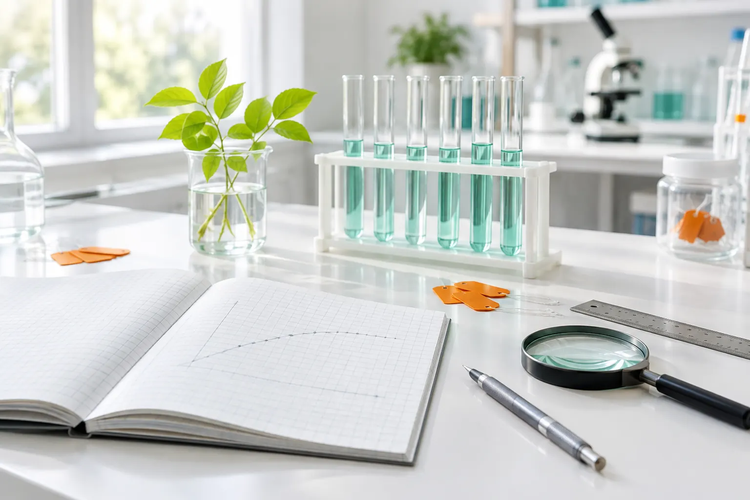 Paillasse de laboratoire lumineuse avec carnet millimétré, éprouvettes et loupe pour tests SEO